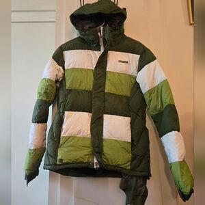 Plant Earth Green White Puffer Jacket Ski Snow EUC